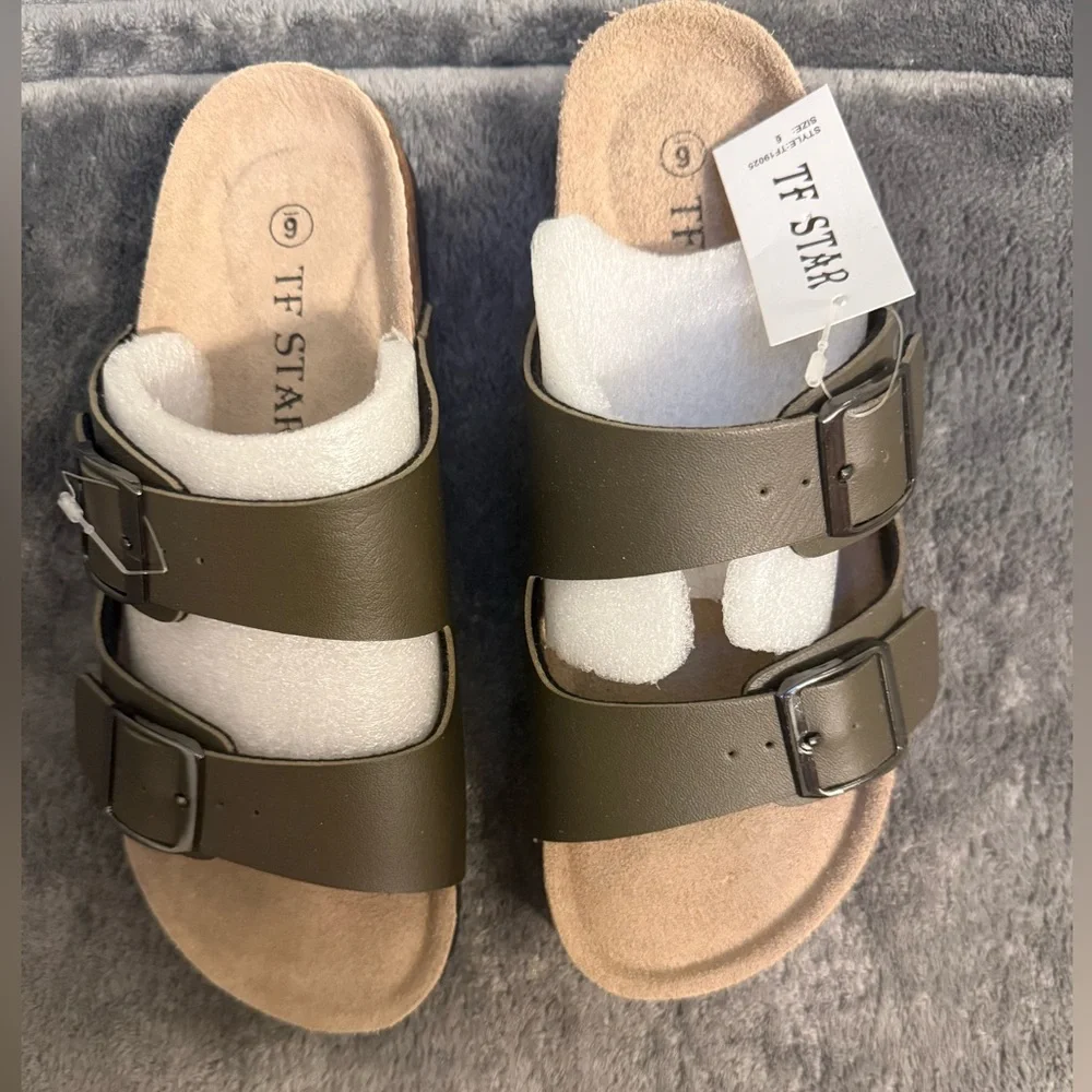 TF STAR Olive Green‎ Double Strap Slide Sandals Size 6 Cork Footbed NEW